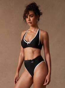 SHEIN Unity Black,Summer,Cute,Beach,Holiday Color Block Halter Strappy Bikini Top,Elegant Gyaru Poolside Casual Vacation Party Club Music Festival Swim Top - Black - View 1
