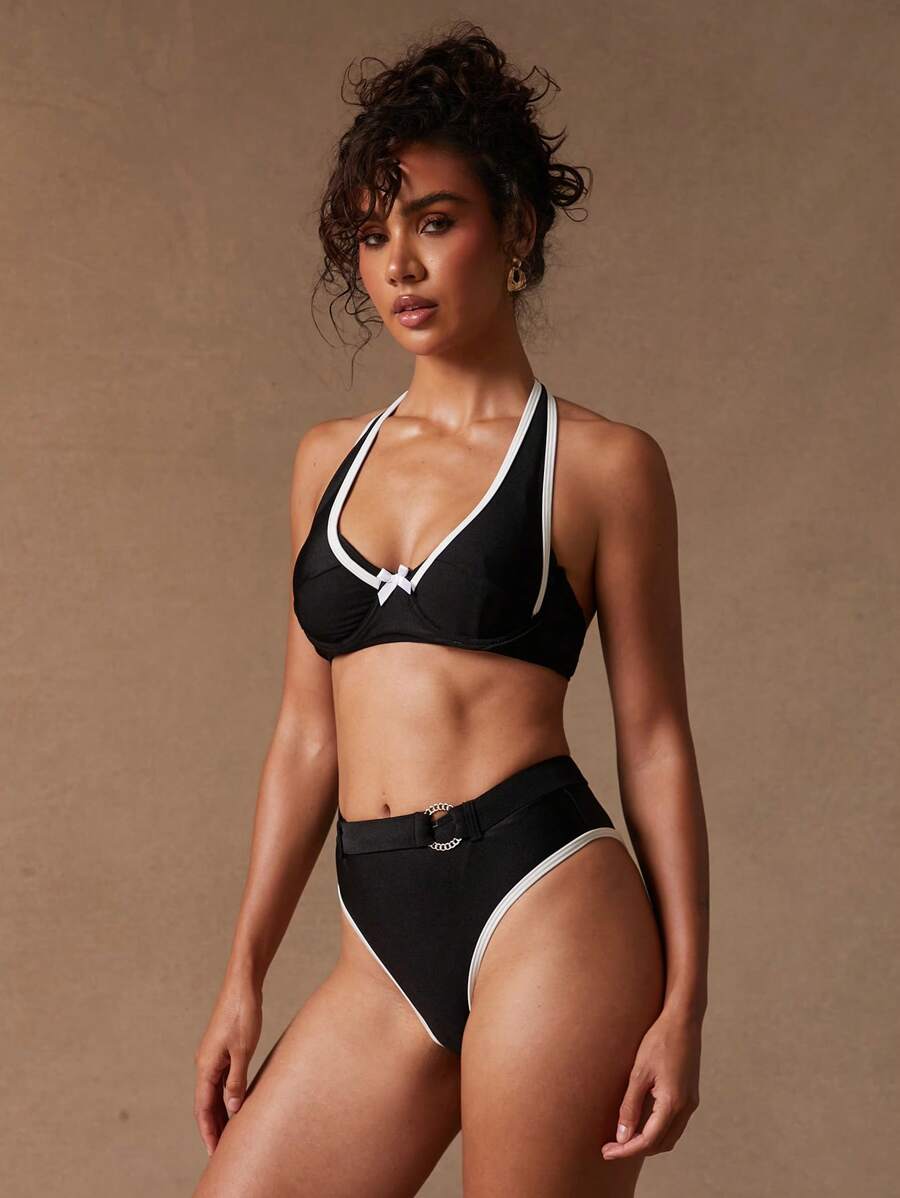 SHEIN Unity Black,Summer,Cute,Beach,Holiday Color Block Halter Strappy Bikini Top,Elegant Gyaru Poolside Casual Vacation Party Club Music Festival Swim Top - Black - View 1