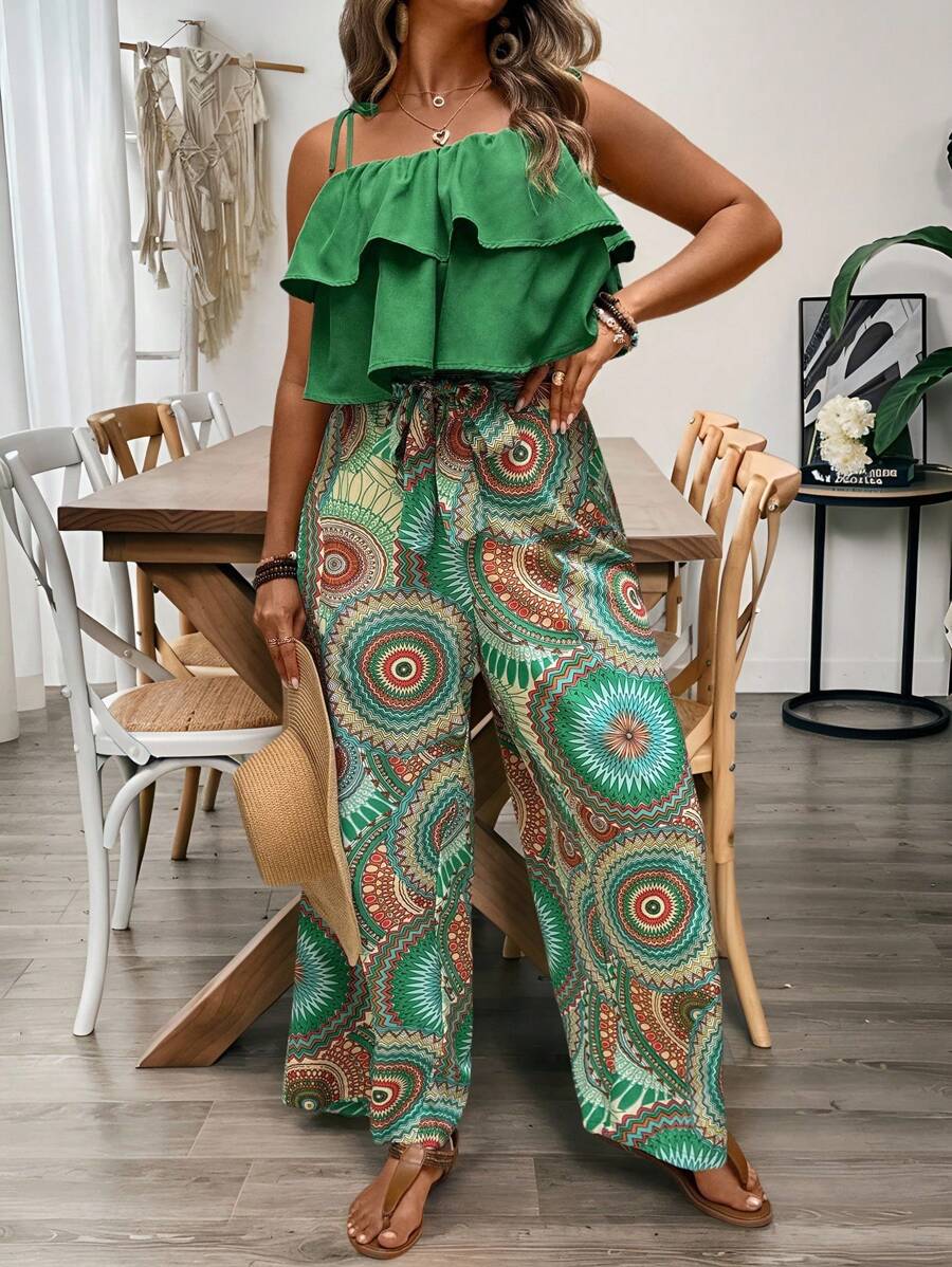 SHEIN LUNE 2 piezas Pantalones holgados con volantes y estampado bohemio colorido para vacaciones para mujeres de talla grande