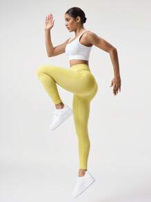 SHEIN Sports 1 件套吸湿排汗快干面料常规版型瑜伽/运动裤，芥末黄基本款 - 黃色 - 查看 4