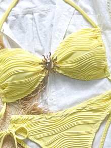 Swim Mod Swim Chiccia 纹理面料金属扣吊带侧系带黄色比基尼套装，夏日海滩度假 - 黃色 - 查看 5