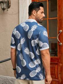 HIMLAND Men's Casual Pineapple Print Fitted Shoulder Polo Shirt, Short Sleeve Tropical Shirts For Men