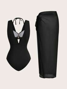 Swim Oasis 1 件女式纯色荷叶边连体泳衣，带纱笼裙，适合海滩/度假