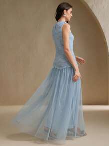 Anewsta Elegant Romantic Fitted Dress With Fabric Patchwork, Suitable For Date, Party, Wedding Guest, Spring, Summer - Blue - View 2