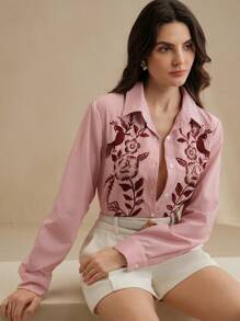 Anewsta Áo sơ mi dài tay họa tiết sọc thêu hoa thời trang đi làm thanh lịch cho nữ, lễ hội xuân hè tốt nghiệp - Màu Hồng Tươi - Xem 1