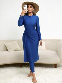 Swim Mulvari Set de costume de baie Burkini modest, cu 2 bucăți, mărime plus, pentru femei, culoare solidă, cu control al abdomenului, stil conservator - Dusty Blue - Vizualizare 4