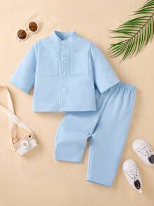 2pcs Baby Boy Spring/Summer Cute Polo Collar Button-Up Shirt Top And Long Pants Set, Casual Daily Outfit, Mommy And Me Matching (3 Sets Sold Separately) - Blue - View 1
