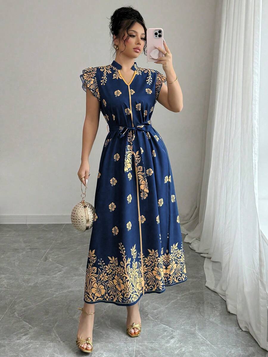 Elenzga Rochie de damă cu imprimeu floral, decolteu crăpat, volane, cu curea, stil de vacanță, vară