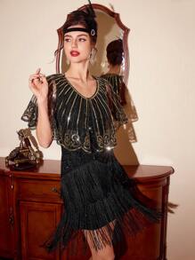 Vintamour Vintage 1pc Women Sequin Contrast Mesh Splice Top 1920s Party Cloak With Sequin Embroidery , Summer - Black and Gold - View 6