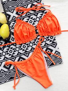 Bonvoyette Solid Color Ruffled Hem Bikini Swimsuit, Sexy For Beach Vacation - Orange - View 4