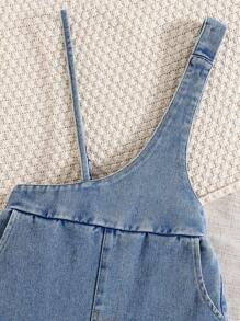 Girls Printed Short Sleeve T-Shirt & Asymmetric Denim Bib Shorts Set - Black - View 4