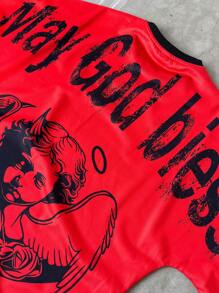 Manfinity EMRG Men Street Fashion Casual Summer Letter & Angel Demon Print Batwing Sleeve Loose T-Shirt Men Christian Graphic Tees For Men - Red - View 5