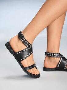 CUCCOO GRLICON Sandalias planas para mujer, estilo punk Y2K con vibra de motocicleta, moda de verano