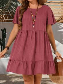 EMERY ROSE Plus Size Vacation Casual Solid Color Short Sleeve Dress, Summer Outfits For Women, Easter Bohemia, Rave Outfit Curve, Country Concert Dresses Tiered - Redwood - View 6