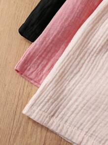 SHEIN TEENGirl 3 件套休闲夏季套装：编织柔软双层纱布荷叶边短裤，松紧腰身，纯色，百搭清凉 - 黑色 - 查看 4