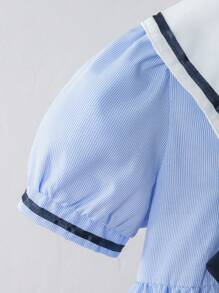 SHEIN Elladie kids Vestido de Princesa com Gola Marinha e Mangas Bufantes para Meninas Jovens, Detalhe Fofo de Laço, Cor Azul Claro, Vestido Casual Escolar/Formal para Uso Diário e Passeio - Azul - Visão 6