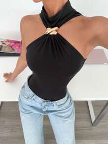 Siren Gaze 夏季新款金属扣配饰女士黑色紧身衣，修身百搭紧身衣，女士度假沙滩装 - 黑色 - 查看 6