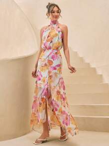CLARA VERO Vestido largo con cremallera en la parte posterior y estampado floral para mujeres