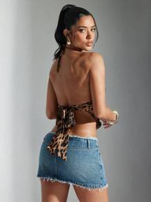 Denimoi Leopard Print Open Back Handkerchief Halter Top Sexy Top, Fashionable Vacation Top, Cute Summer Top Date Night Tops Going Out Tops Backless Tops Cheetah Print Tops, Y2k - Multicolor - View 4