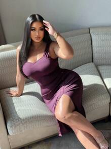 SHEIN LUNE Plus Size Women's Solid Color Square Neck, Side Slit Hem, Fitted Camisole Dress - Purple - View 4