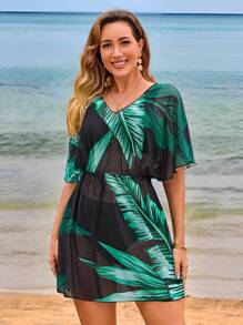 SHEIN Swim New Summer Green Leaf Random Print V-Neck Short Sleeve Mesh Drawstring Waist Mid-Length Beach Cover Up For Women - Multicolor - View 1