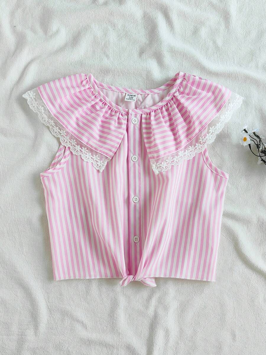 SHEIN Tween Girls Spring Casual Blue And White Striped Loose Fit Sleeveless Round Neck Shirt, Versatile Wear For Outdoor And Indoor - Hot Pink - View 1