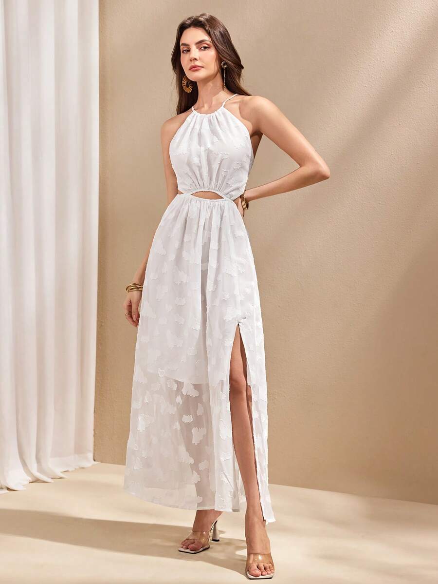 Almamuse Vestido de verano elegante de mujer con nudo cruzado y espalda descubierta, con abertura alta, estampado jacquard