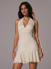 TRNVIE White Mini Polka Dot V-Neck Halter Summer Dress For Women, Elegant & Fashionable - White - View 6