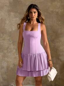 Flirla Plus Size Square Neck Multilayer Hem Pleated Romantic Sleeveless Strap Dress - Pink - View 4