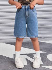 SHEIN 青少年女孩时尚复古水洗宽松百慕大牛仔短裤，带斜口袋，女孩春夏假期海滩波西米亚风夏装街头服饰音乐会狂欢节服装 - 中等水洗藍 - 查看 3