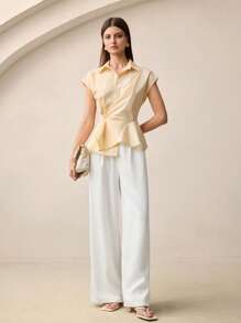 BizChic 2025 年夏季新款奶油黄色翻领前开口不对称下摆设计女式衬衫，商务休闲日常通勤优雅海滩度假适合婚礼宾客、乡村音乐节、早午餐、机场，90 年代复古斯德哥尔摩风格美式风情 - 杏色 - 查看 3