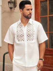 HIMLAND Áo sơ mi tay ngắn lưới trong suốt viền ren trắng giản dị dành cho nam, phù hợp cho mùa hè - trắng - Xem 6