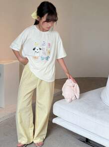 DAZY 少女宽松图案T恤和格子长裤睡衣套装 可爱睡衣 - 白色 - 查看 6