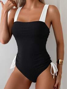 Swim Basics 女士拼色连体泳衣，适合海滩/度假 - 黑與白 - 查看 4