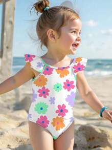 女婴休闲可爱彩色手绘花卉印花修身连体泳衣，适合夏季海滩度假，公主风，小星星，女婴泳衣，浪漫假期，家庭出游季节，假期放松，小花朵，海滩模式，假期氛围，花卉，度假服装