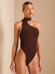 SHEIN BAE 纯黑色优雅斜领紧身褶皱网眼女式紧身衣、度假紧身衣、音乐节服装、极简紧身衣