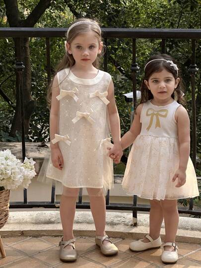 Young Girl Solid Color Sequined Mesh Round Neck Sleeveless Dress