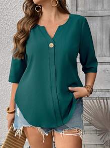 EMERY ROSE Blusa holgada de unicolor y cuello con muescas para uso diario en tallas grandes para mujeres