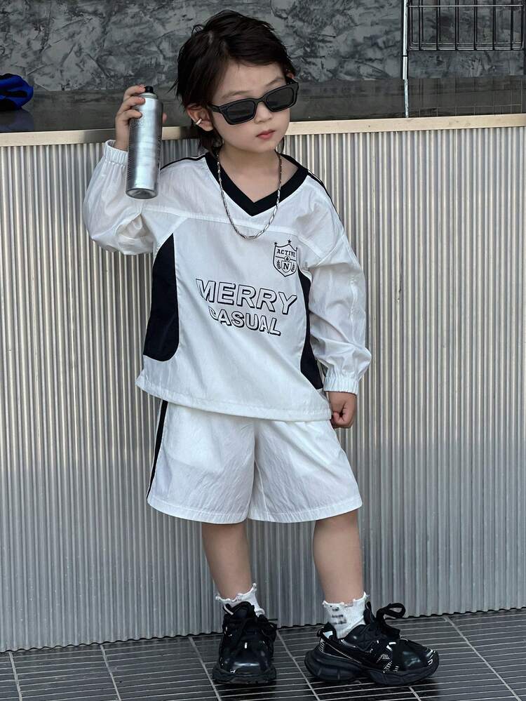 2pcs Kids Boys V-Neck Colorblock Print Long Sleeve Top And Shorts Set, Fall