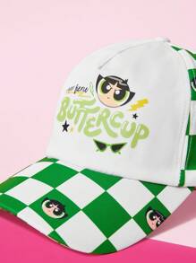 THE POWERPUFF GIRLS X SHEIN Checkerboard And Buttercup Pattern Fashionable Baseball Cap - White - View 5