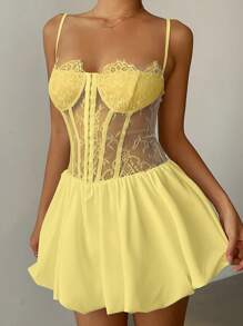 Aloruh Women Contrast Lace Ruffle Hem Sexy Cami Mini Dress,Club Outfits Women Sexy - Yellow - View 5