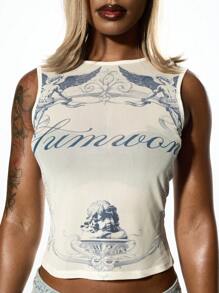 SUMWON WOMEN 夏季天使背心网眼覆盖节日时尚图形印花别致现代美学街头服饰 - 杏色 - 查看 4