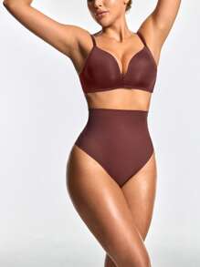 SHAPORA Women Solid Color High Waisted Mesh Patchwork Shapewear Bottom - Brown - View 3
