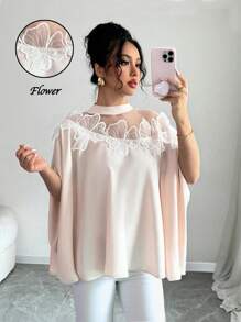 Elenzga Damen elegantes Mesh Patchwork Applikation Dekor Fledermausärmel Bluse - Aprikosenfarben - Übersicht 1