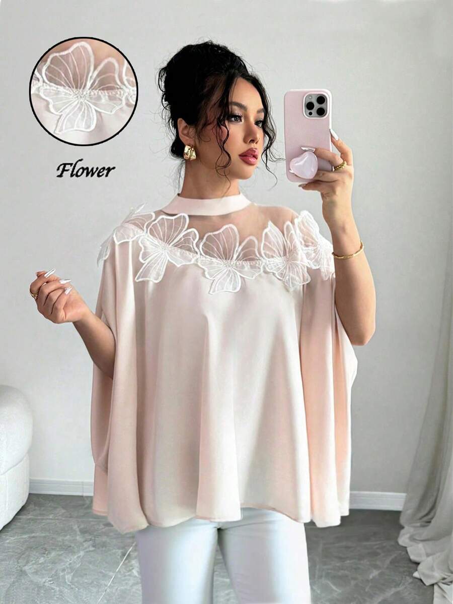 Elenzga Damen elegantes Mesh Patchwork Applikation Dekor Fledermausärmel Bluse - Aprikosenfarben - Übersicht 1