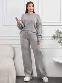 EURMUSE Plus Size Casual Crew Neck Melange Yarn Faux Pearl Beaded Drop Shoulder Solid Sweater & Wide Leg Plain Drawcord Detailed Sweater Pants 2 Pieces Set, For Winter - Grey - View 4