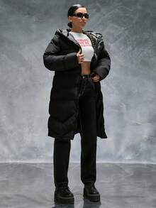 CasuGlow Áo khoác dài mùa đông có mũ trùm đầu màu trơn có túi và khóa kéo cho nữ - màu đen - Xem 5