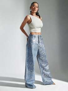 Denimoi Leopard Foil Print Low Rise Baggy Jeans - Multicolor - View 3