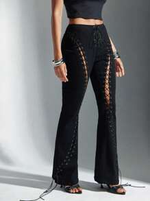 Denimoi Low Rise Lace Up Cut Out Washed Boot Cut Denim Jeans - Black - View 2