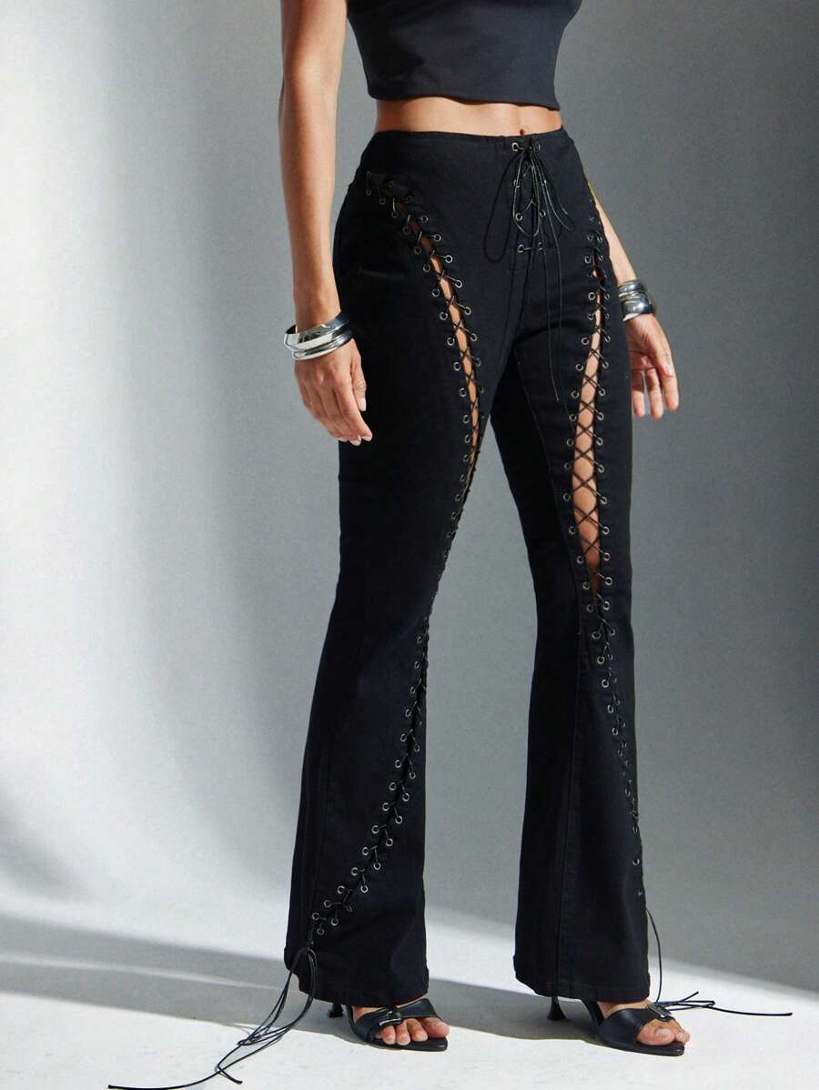 Denimoi Low Rise Lace Up Cut Out Washed Boot Cut Denim Jeans